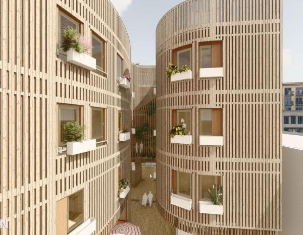 Rendering of a multistory building made wood with balconies and a peek into an interior courtyard.