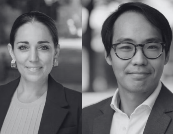 A black and white photograph of two headshots, side by side. One is a woman smiling softly at the camera, wearing a blazer and ponytail. The other is a man smiling with dark hair and glasses.