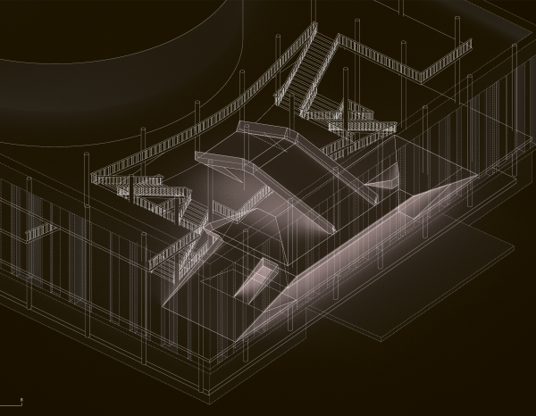 Architectural drawing with white lines on black background by Igor Siddiqui: Claude Parent’s Practicable (Caen), 2025