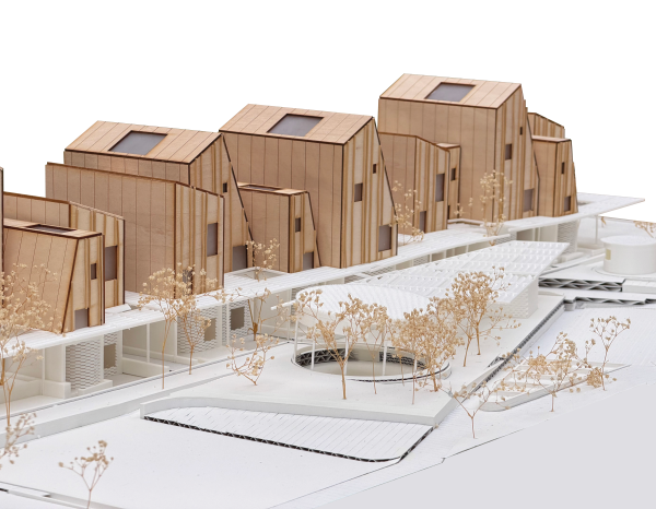 Physical model of housing development with skylights and chiseled angles