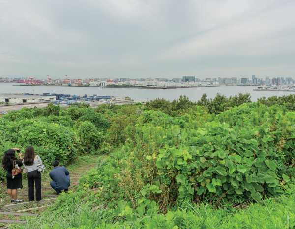 Two students look out into Tokyo bay from verdant lookout