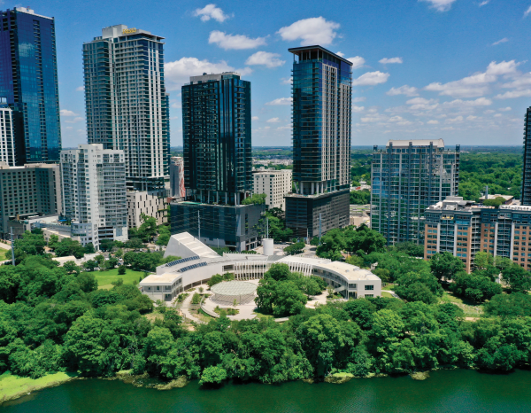 Aerial view of the Emma S. Barrientos Mexican American Cultural Center in Austin, Texas