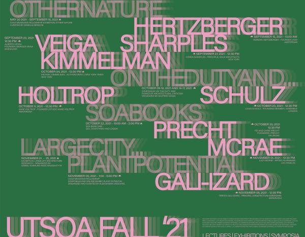 Fall 2021 lecture series poster. Features pink text on a green background.