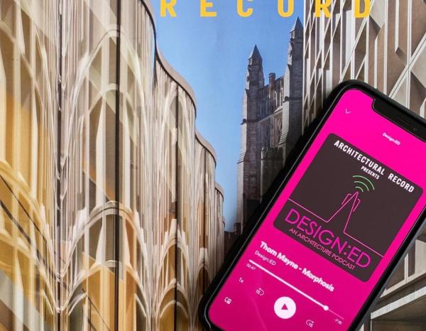 A phone with Thom Mayne's Design:ED podcast playing, laid on top of an issue of Architectural Record