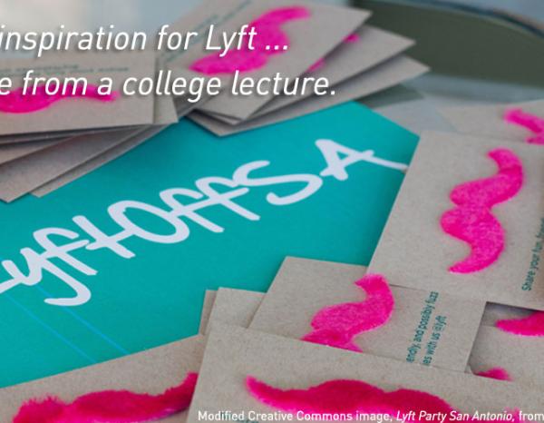 "The inspiration for Lyft...came from a college lecture."  Image of fuzzy moustaches at a Lyft party; modified Creative Commons image from Garrett Heath