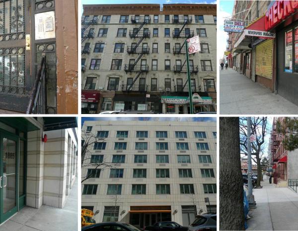 A grid of six different architectural facades in Central Harlem in various states