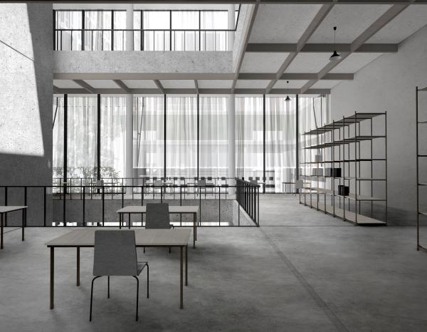 Neutral, grey-toned architectural rendering of a room with a few tables and chairs, with light filtering through windows in what seems like a communal office space