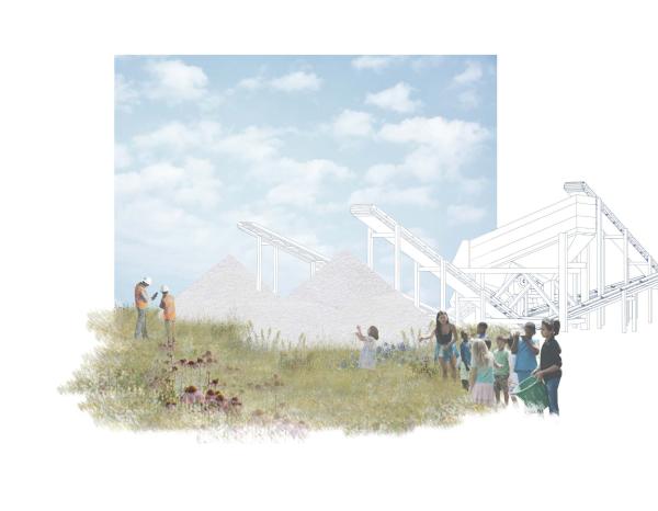 Rendering of diverse school aged children on the edge of a meadow with heavy machinery and piles of industrial materials in the background