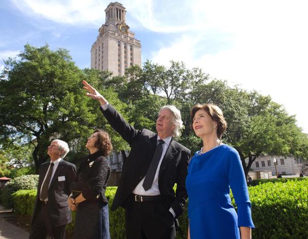 Dean Fritz Steiner and former First Lady Laura Bush discuss Battle Hall, the first architectural masterpiece of the University of Texas campus. Photo by Marsha Miller.