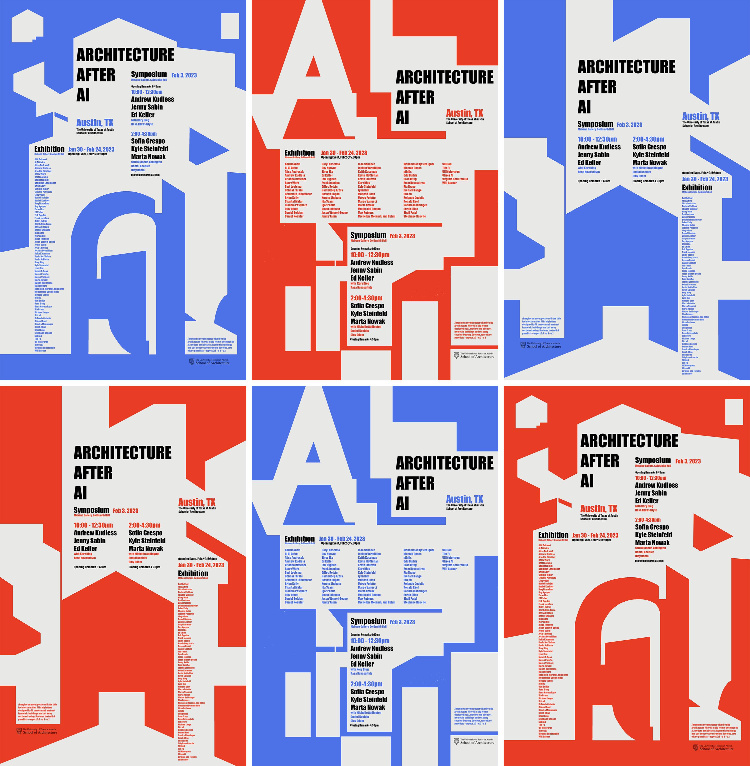 Six posters for the Architecture After AI exhibit laid out in a row, alternating between blue and red as the primary colors