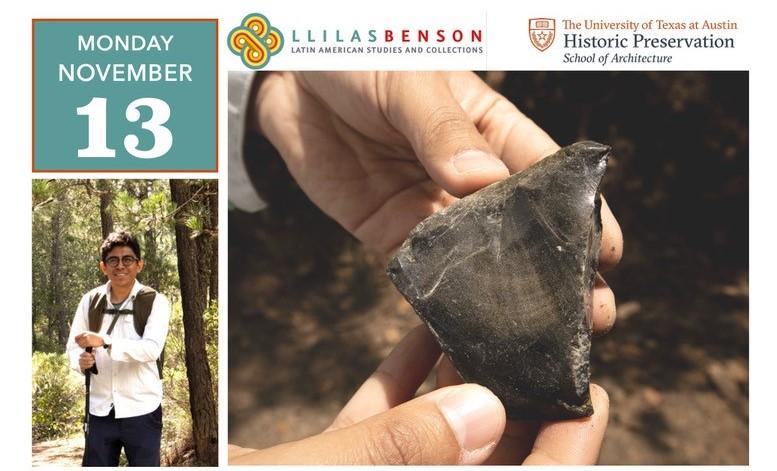 Two photos set up in a grid with the text "Monday, November 13." Photos include a picture of a man standing in the woods wearing a backpack and a larger close-up photo of hands holding a stone.