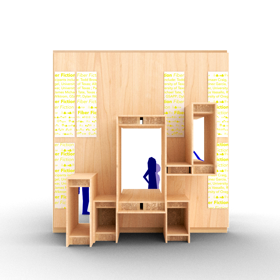 Section rendering of room made of wood with window cut outs that show people on the other side.