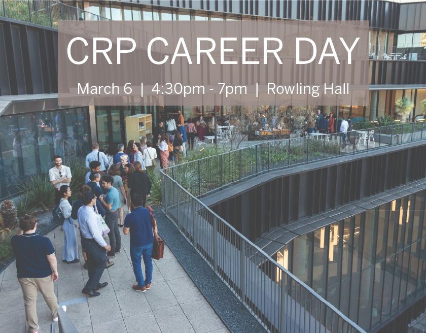An image of students and professionals congregating on a terrace. Text on the image reads CRP Career Day, March 6, from 4:30 to 7 pm. 