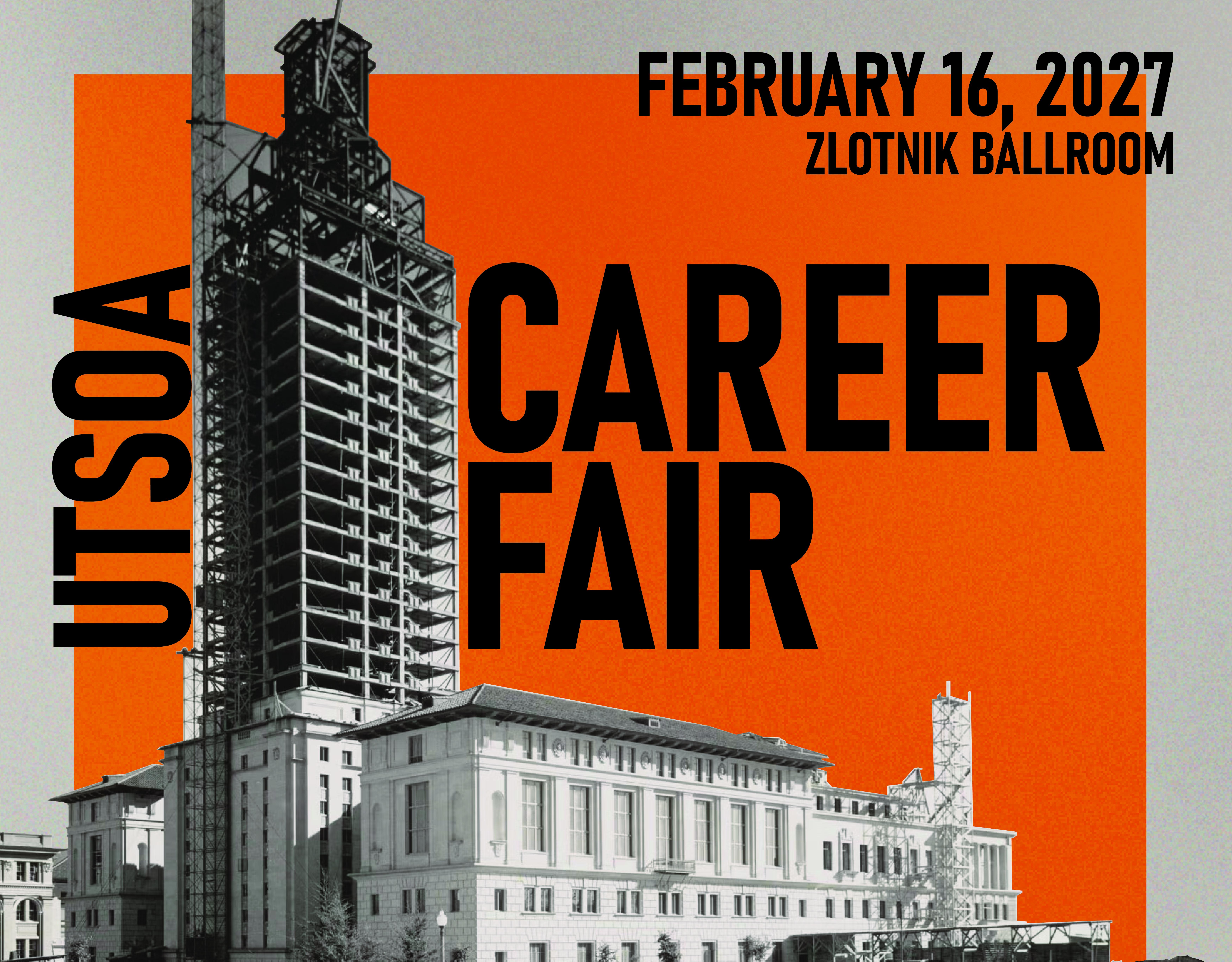 career fair graphic of burnt orange and the ut tower