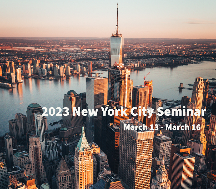 Aerial view of New York City with the text "2023 New York City Seminar" overlaid