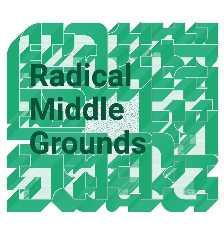 The text Radical Middle Grounds laid over an aerial rendering of middle-density housing units in various shades of green