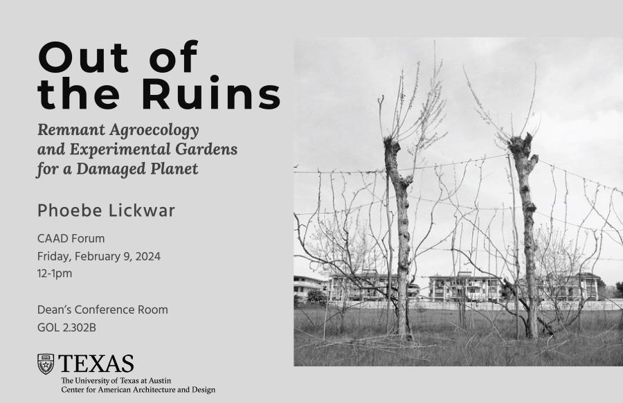 Grayscale graphic for Phoebe Lickwar's CAAD Forum that reads "Out of the Ruins: Remnant Agroecology and Experimental Gardens for a Damaged Planet."