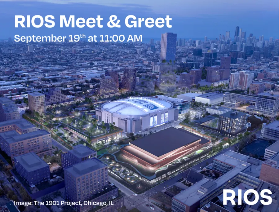 Overhead view of a city scene with the text "Rios Meet & Greet"