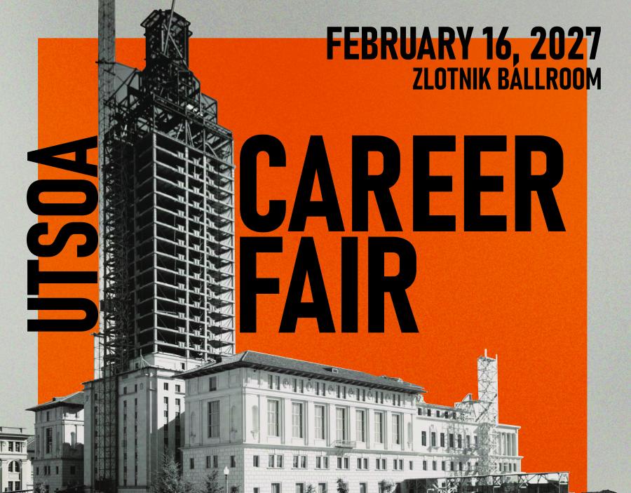 career fair graphic of burnt orange and the ut tower