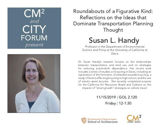 Poster of Dr. Susan Handy and her upcoming talk, "Roundabouts of a figurative kind"