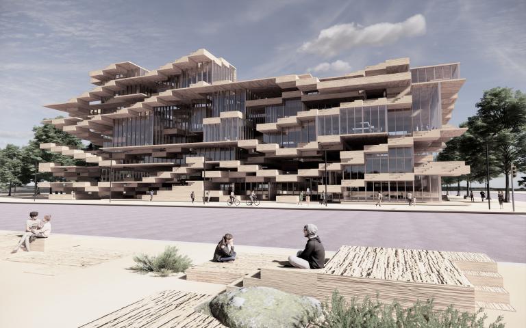 Rendering of a multi-layered building in the desert.