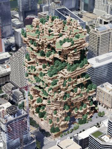Rendering of a multi-layered, heavily vertical building in a dense city.