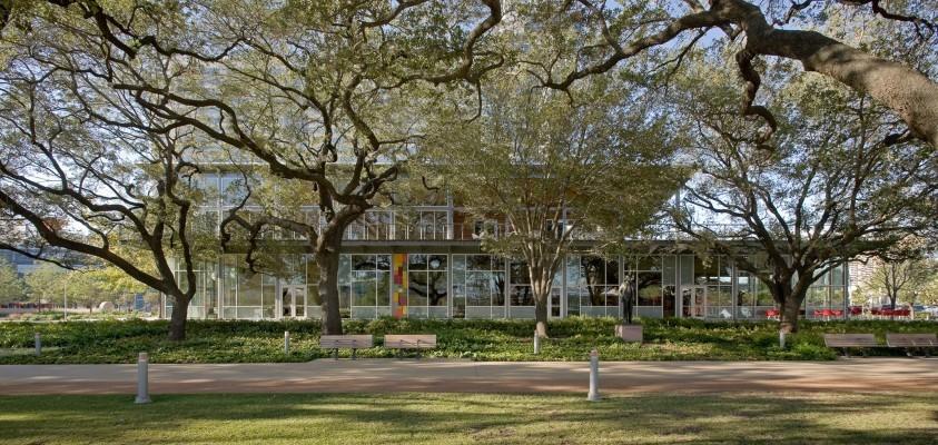 Trees partially cover the exterior façade of a building