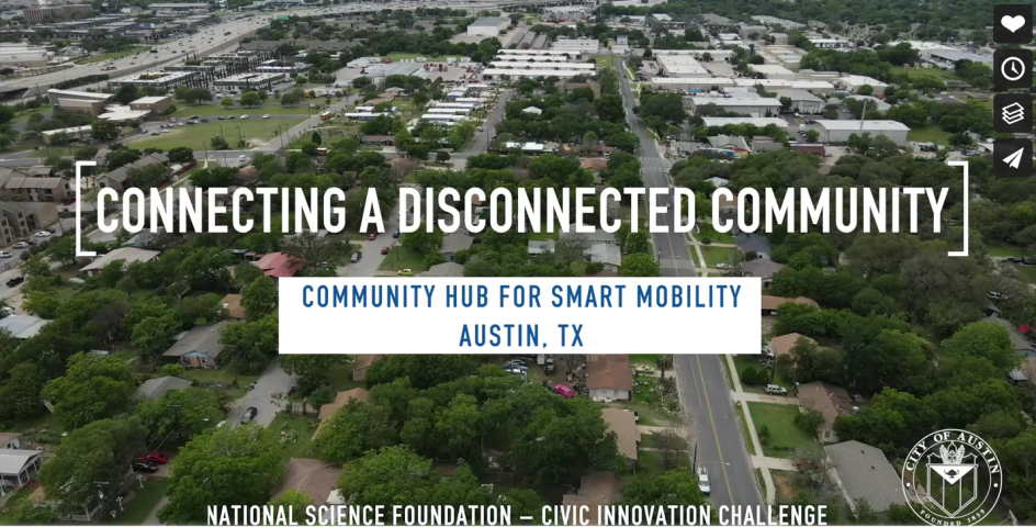 An overhead shot of a streetscape with the text "Connecting a Disconnected Community: Community Hub for Smart Mobility, Austin, Texas" laid on top