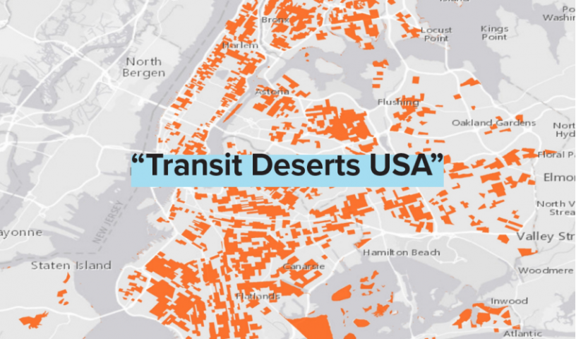 A grayscale map with orange highlights sprinkled throughout it with the text "Transit Deserts USA" on top