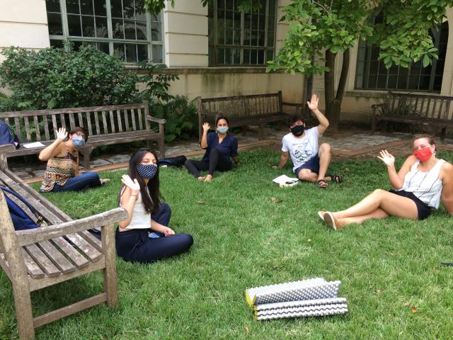 Masked students in the Goldsmith Courtyard