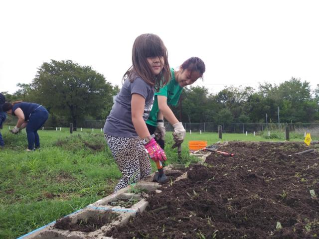 Children garden at Pleasant Hill Elementary in South Austin while their parents organize with Go! Austin/Vamos! Austin