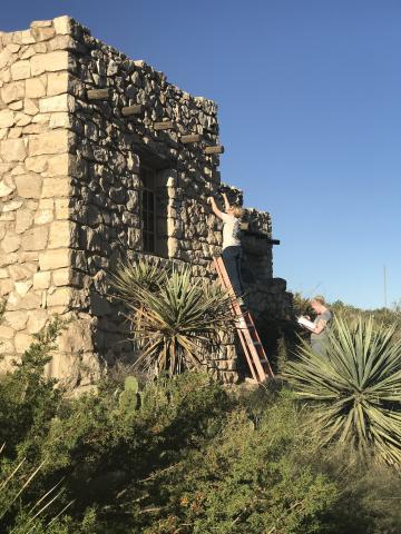 Student on a ladder outside a historic stone building