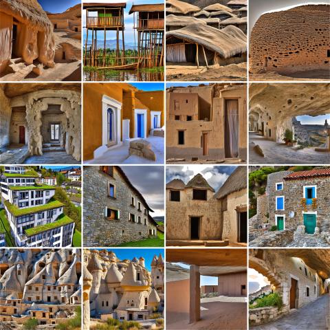Sixteen AI-generated images of different tan-colored buildings