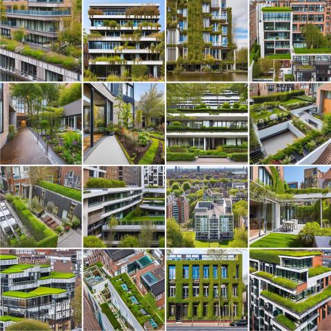 Grid of sixteen images of buildings covered in greenery.