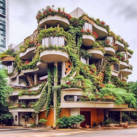 An AI-generated image of the street view of a building with many patios and windows, covered in trees.