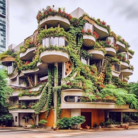 Street view of a building with many patios and windows, covered in trees.