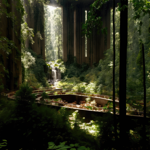 A dark forest with a sunbeam shining through the trees on a waterfall and a low-profile building.