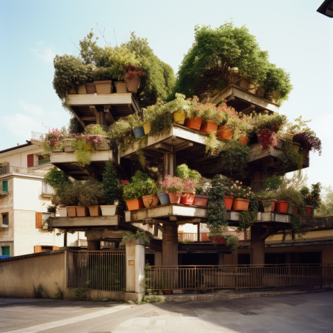 An AI-generated image of stacked garden beds above a city plaza