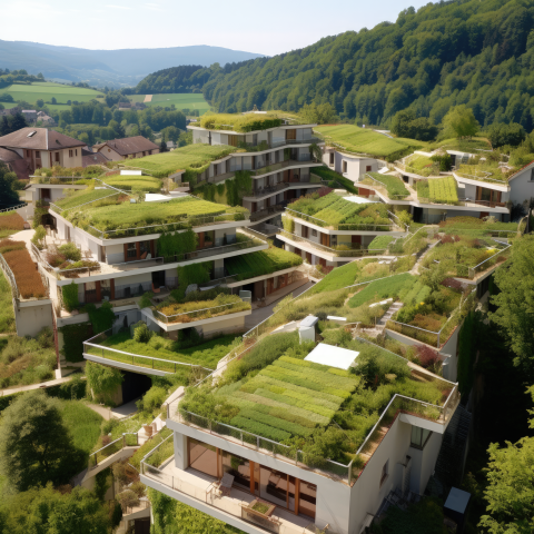 An AI-generated image of a green roof building built on a mountainside in France