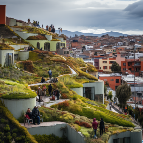 A green roof structure overlooking more traditional urban housing.