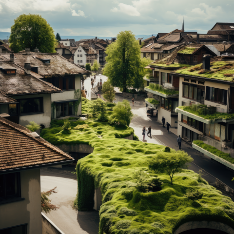 A city street with a dense green section running through the middle
