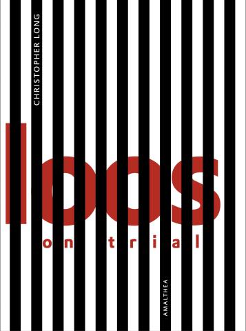 Narrow vertical black and white stripes over red lowercase typeface "Loos on Trial"