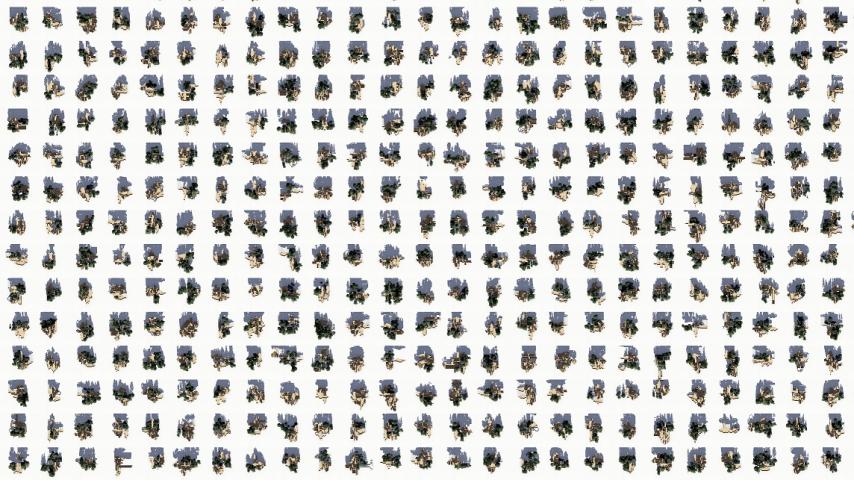 A 14 x 25 grid of iterations of a building on a white background.