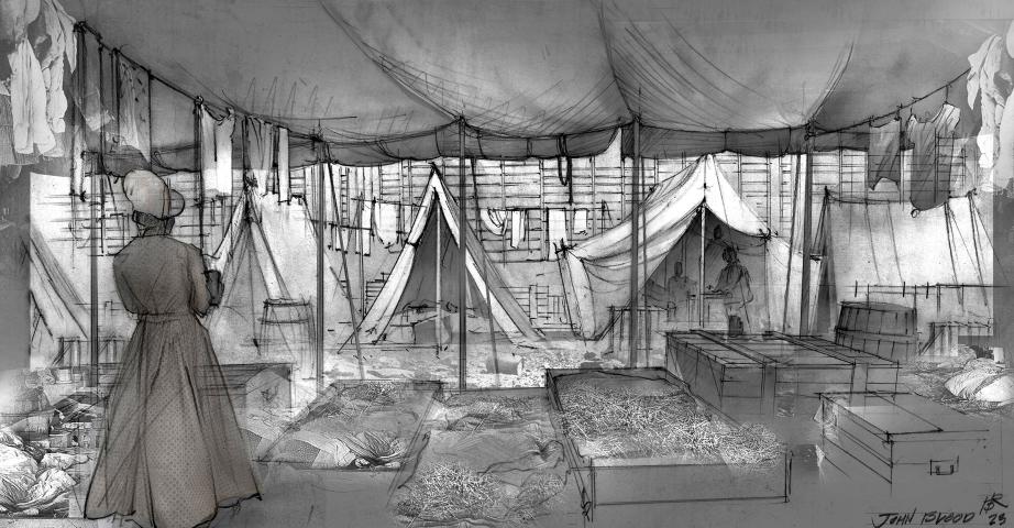 Drafted image of indoor market wtih tents