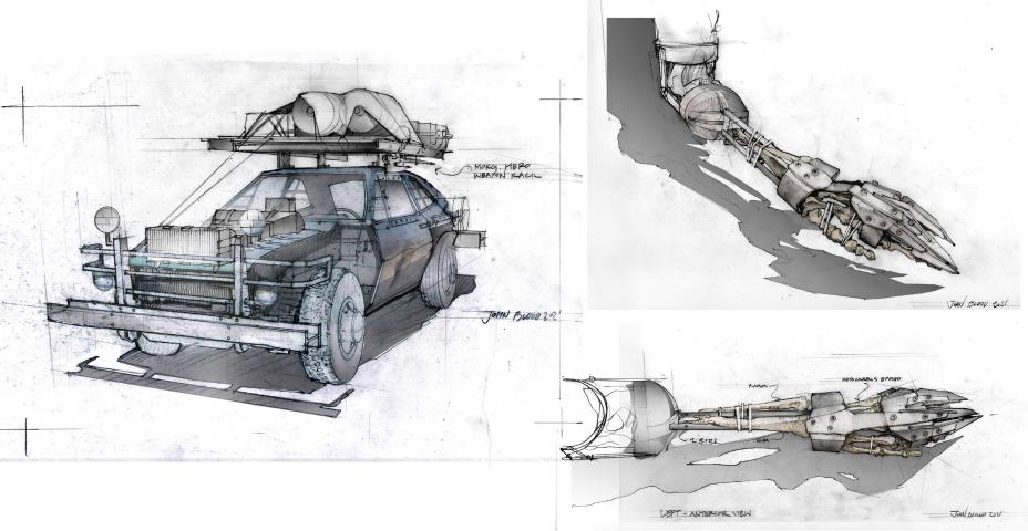 Drafted image of futuristic car and robot arm