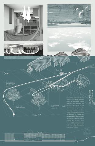 Poster with sketches and rendering of Red Mountain Pavillion project