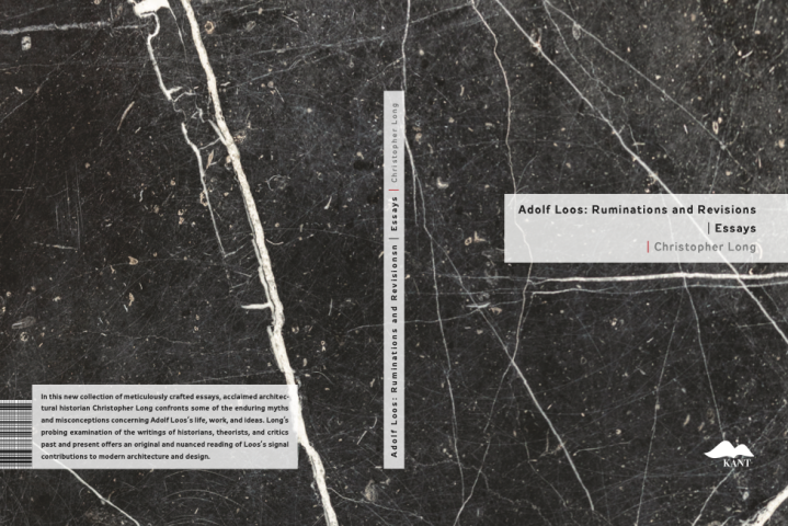 book cover of a black marble background with the title"Adolf Loos: Ruminations and Revisions, Essays"