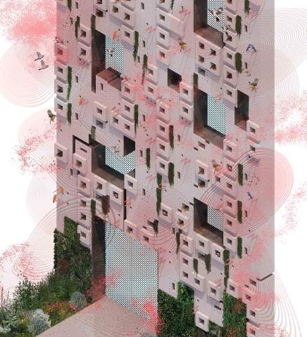 Colored graphic depicting a section of hempcrete exterior wall featuring integrated cavities designed as pollinator habitats.