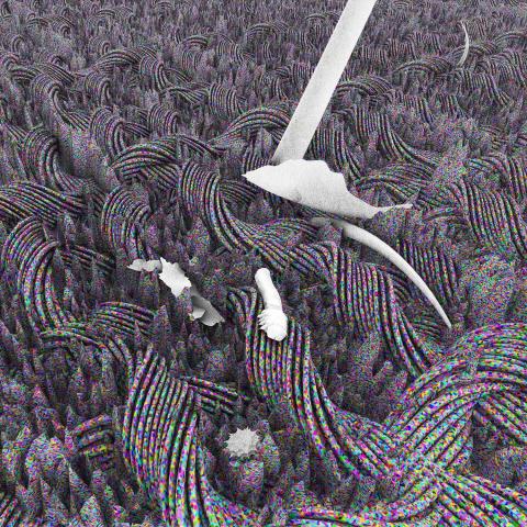 Colored graphic depicting a pillow at the microscale, showing dead skin cells and fabric fibers.