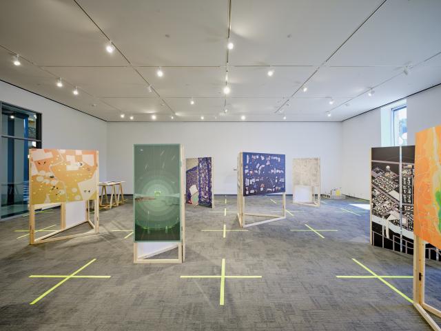 Micropolitan America exhibition at the Mashburn Gallery, G. Hines School of Architecture at the University of Houston. View inside the gallery.